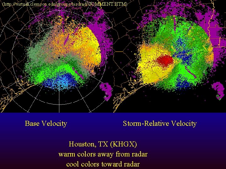 (http: //virtual. clemson. edu/groups/birdrad/COMMENT. HTM) Base Velocity Storm-Relative Velocity Houston, TX (KHGX) warm colors