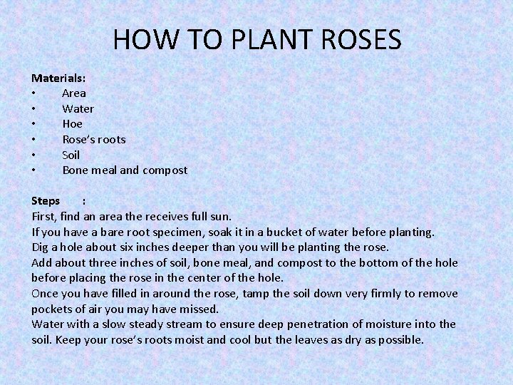 HOW TO PLANT ROSES Materials: • Area • Water • Hoe • Rose’s roots