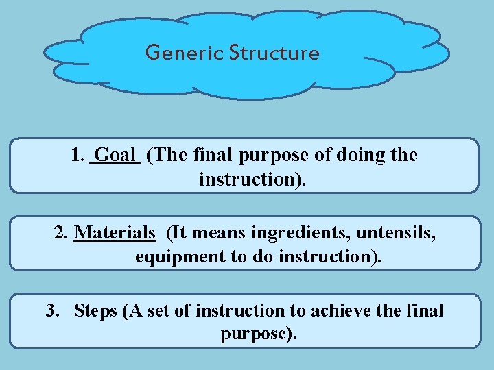 Generic Structure 1. Goal (The final purpose of doing the instruction). 2. Materials (It