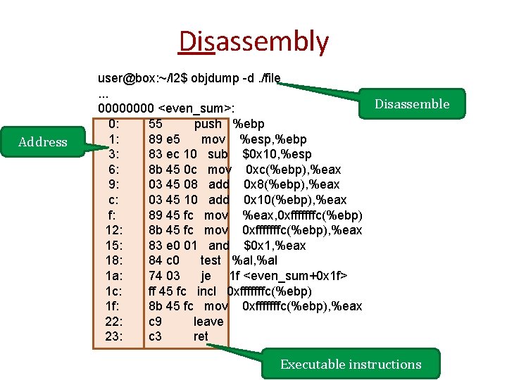 Disassembly Address user@box: ~/l 2$ objdump -d. /file. . . Disassemble 0000 <even_sum>: 0: