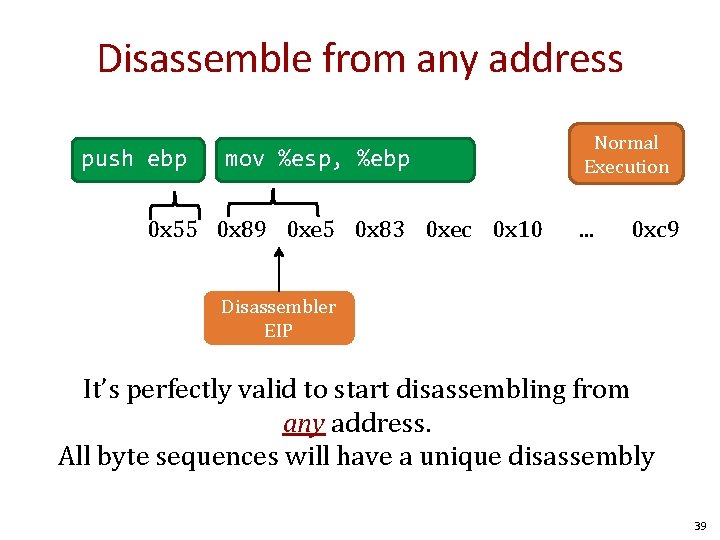 Disassemble from any address push ebp mov %esp, %ebp 0 x 55 0 x