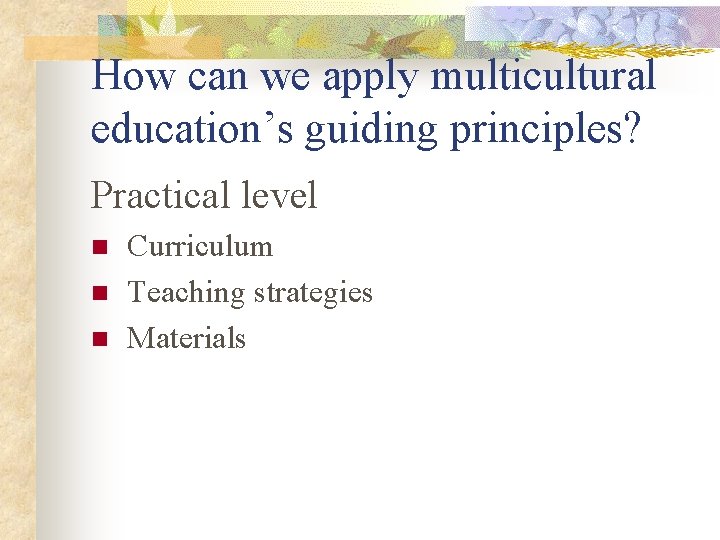 How can we apply multicultural education’s guiding principles? Practical level n n n Curriculum