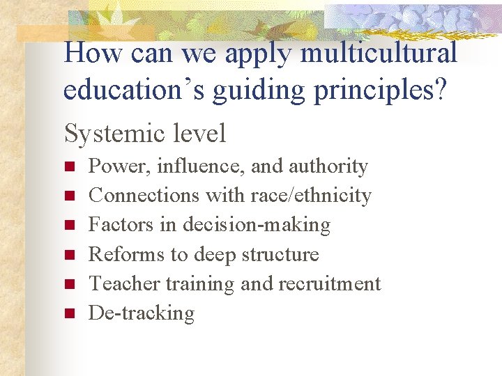 How can we apply multicultural education’s guiding principles? Systemic level n n n Power,