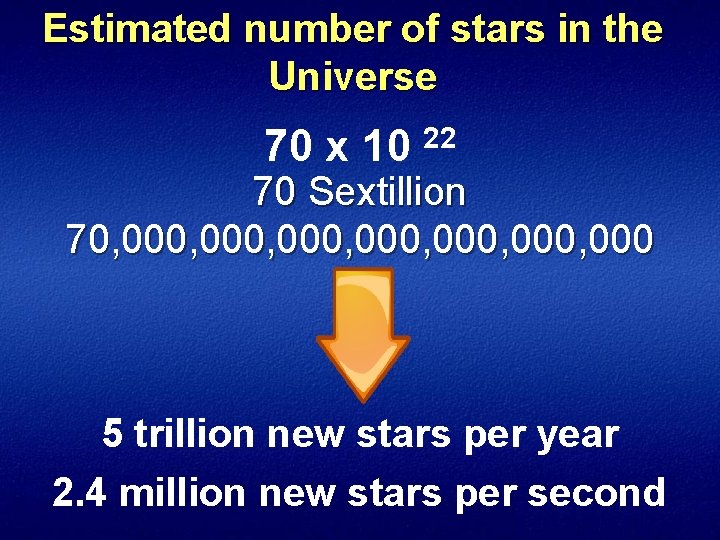 Estimated number of stars in the Universe 70 x 10 22 70 Sextillion 70,