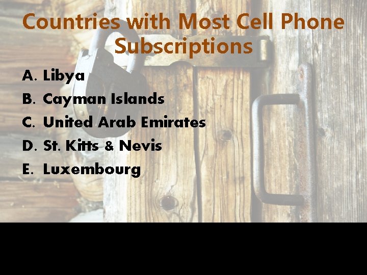 Countries with Most Cell Phone Subscriptions A. B. C. D. E. Libya Cayman Islands