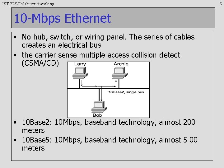 IST 228Ch 1Internetworking 10 -Mbps Ethernet • No hub, switch, or wiring panel. The