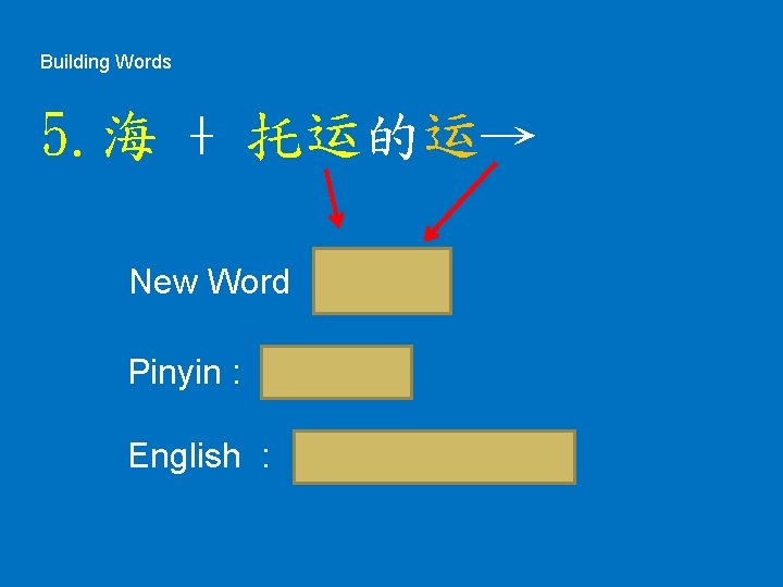 Building Words 5. 海 + 托运的运→ New Word 海运 Pinyin : hǎiyùn English :