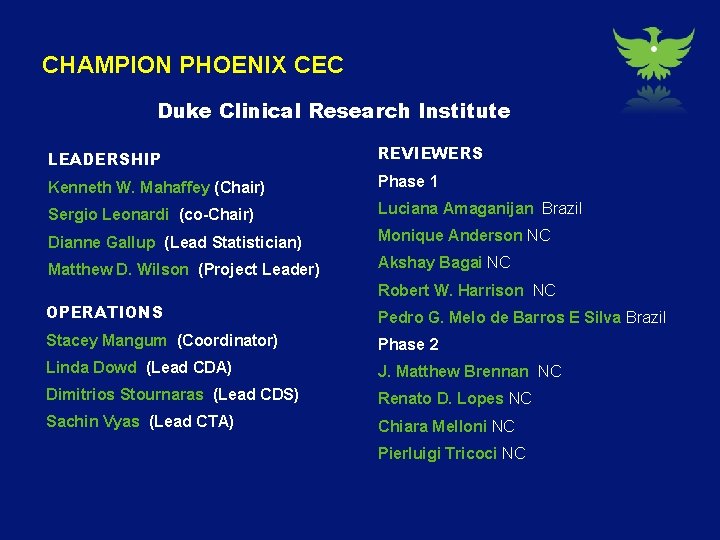 CHAMPION PHOENIX CEC Duke Clinical Research Institute LEADERSHIP REVIEWERS Kenneth W. Mahaffey (Chair) Phase
