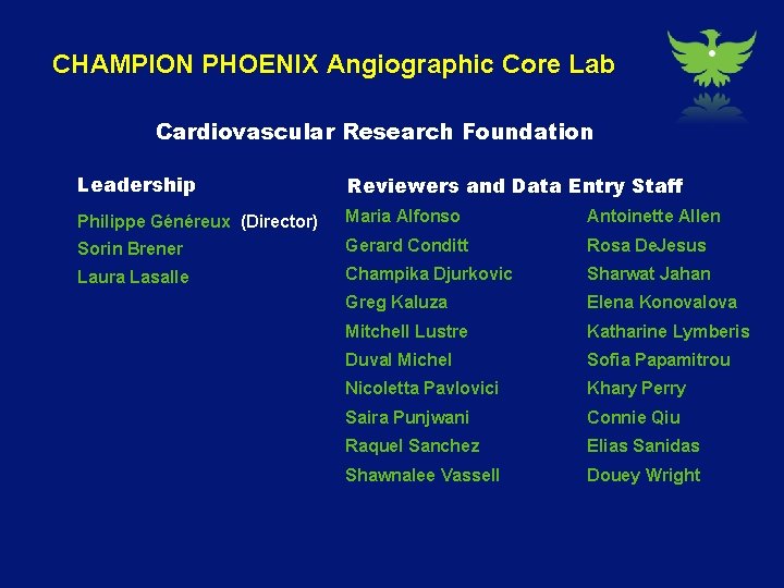 CHAMPION PHOENIX Angiographic Core Lab Cardiovascular Research Foundation Leadership Reviewers and Data Entry Staff