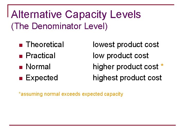 Alternative Capacity Levels Alternative Capacity (The Denominator Level) Level n n Theoretical Practical Normal