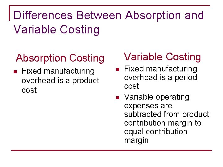 Differences Between Absorption and Variable Costing Absorption Costing n Fixed manufacturing overhead is a