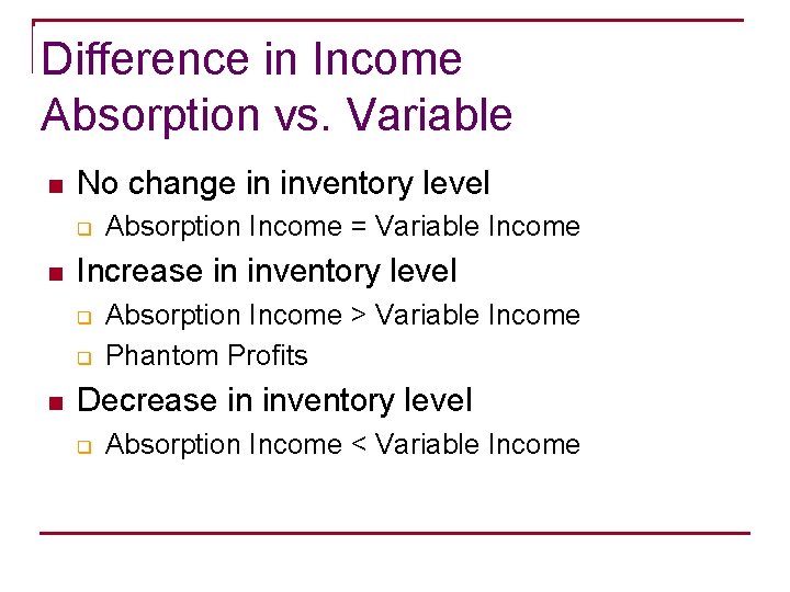 Difference in Income Absorption vs. Variable n No change in inventory level q n