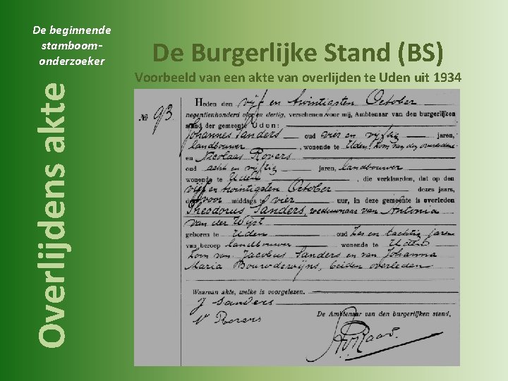 Overlijdens akte De beginnende stamboomonderzoeker De Burgerlijke Stand (BS) Voorbeeld van een akte van