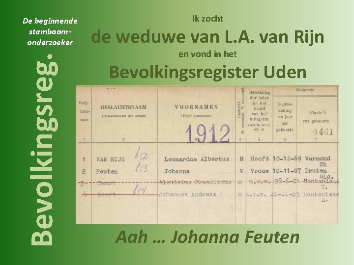 Bevolkingsreg. De beginnende stamboomonderzoeker Ik zocht de weduwe van L. A. van Rijn en