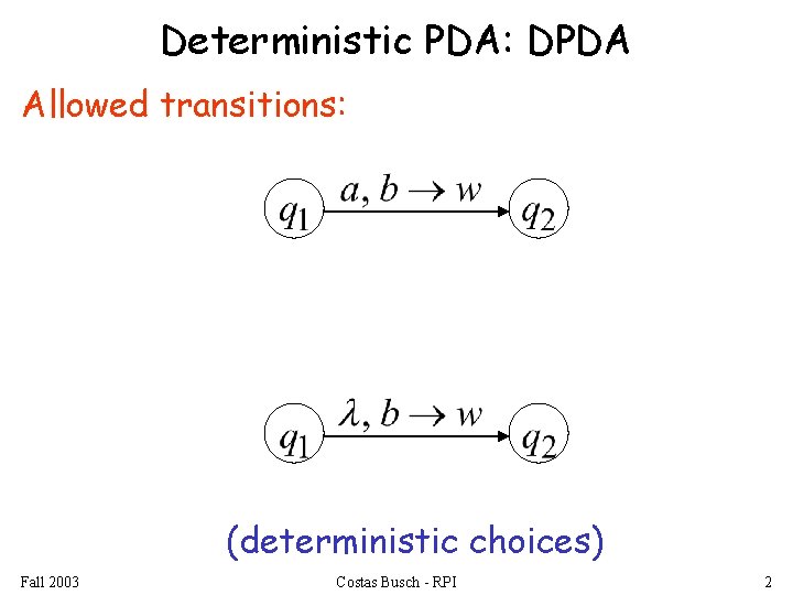 Deterministic PDA: DPDA Allowed transitions: (deterministic choices) Fall 2003 Costas Busch - RPI 2