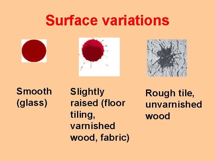 Surface variations Smooth (glass) Slightly raised (floor tiling, varnished wood, fabric) Rough tile, unvarnished