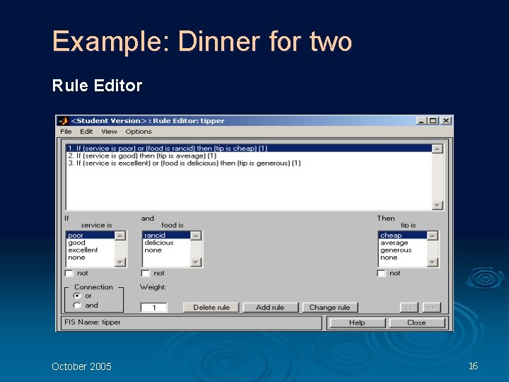 Example: Dinner for two Rule Editor October 2005 16 