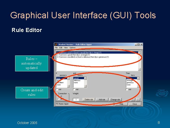 Graphical User Interface (GUI) Tools Rule Editor Rules – automatically updated Create and edit