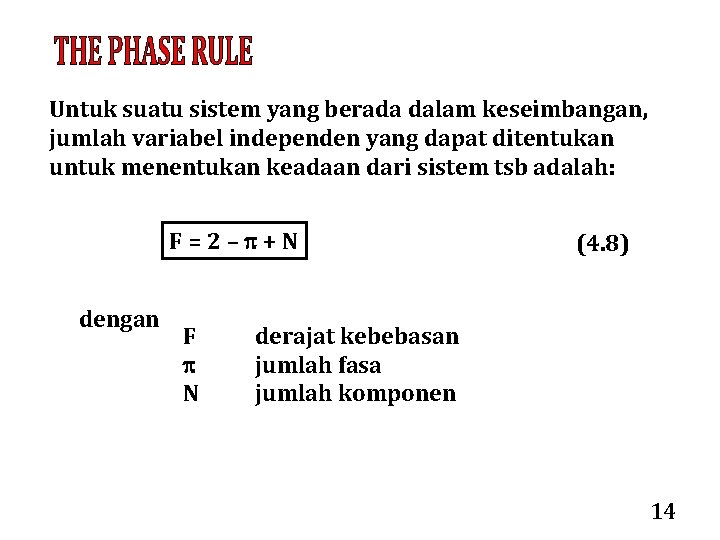 Untuk suatu sistem yang berada dalam keseimbangan, jumlah variabel independen yang dapat ditentukan untuk