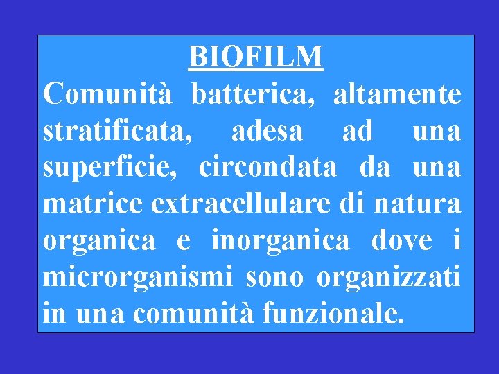  BIOFILM Comunità batterica, altamente stratificata, adesa ad una superficie, circondata da una matrice