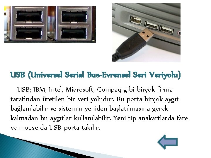 USB (Universel Serial Bus-Evrensel Seri Veriyolu) USB; IBM, Intel, Microsoft, Compaq gibi birçok firma