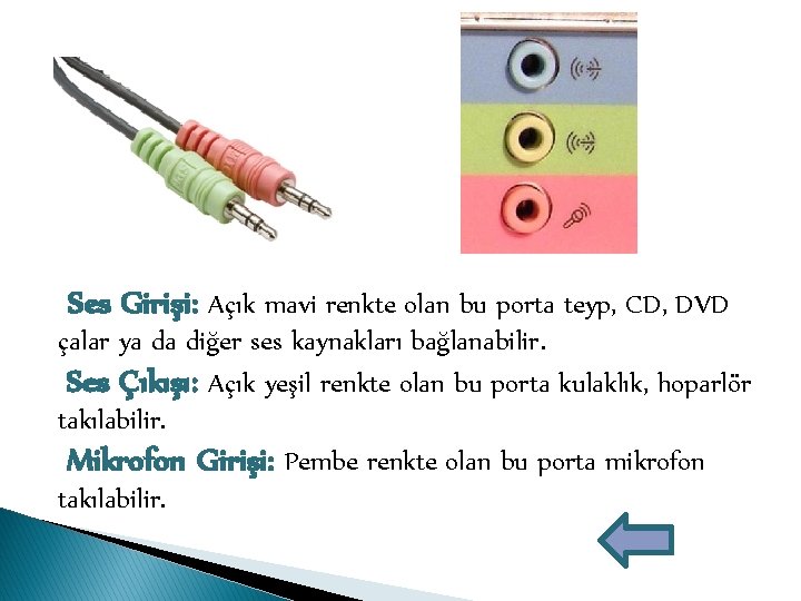  Ses Girişi: Açık mavi renkte olan bu porta teyp, CD, DVD çalar ya