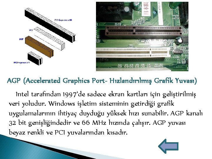 AGP (Accelerated Graphics Port- Hızlandırılmış Grafik Yuvası) Intel tarafından 1997’de sadece ekran kartları için