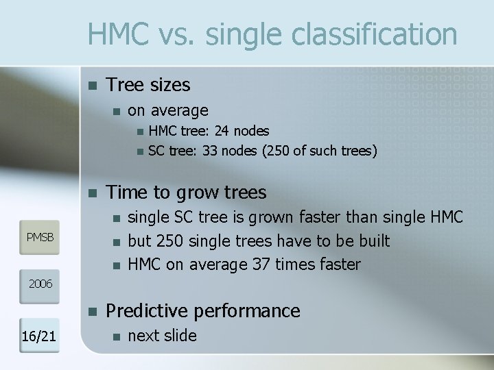 HMC vs. single classification n Tree sizes n on average n n n Time