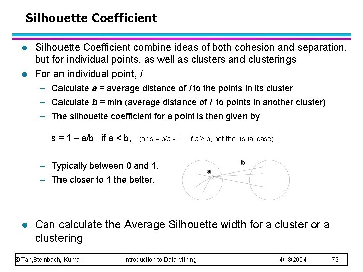 Silhouette Coefficient l l Silhouette Coefficient combine ideas of both cohesion and separation, but