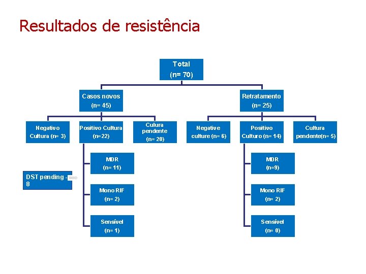 Resultados de resistência Total (n= 70) Negativo Cultura (n= 3) DST pending 8 Casos