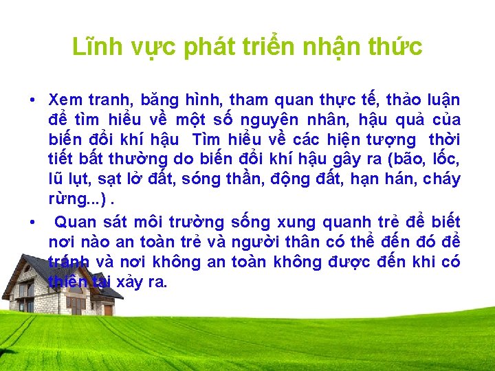 Lĩnh vực phát triển nhận thức • Xem tranh, băng hình, tham quan thực