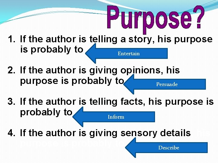 1. If the author is telling a story, his purpose is probably to _______.