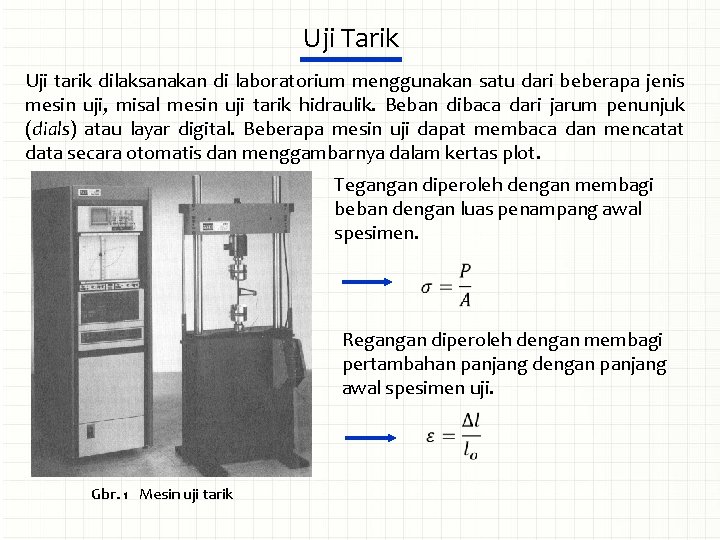 Uji Tarik Uji tarik dilaksanakan di laboratorium menggunakan satu dari beberapa jenis mesin uji,