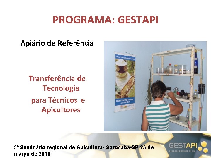 PROGRAMA: GESTAPI Apiário de Referência Transferência de Tecnologia para Técnicos e Apicultores 5º Seminário