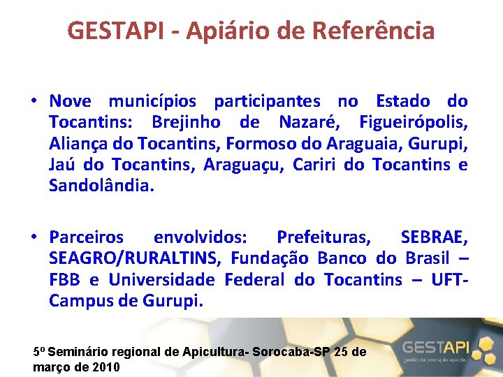 GESTAPI - Apiário de Referência • Nove municípios participantes no Estado do Tocantins: Brejinho