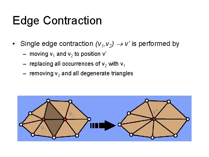 Edge Contraction • Single edge contraction (v 1, v 2) v’ is performed by