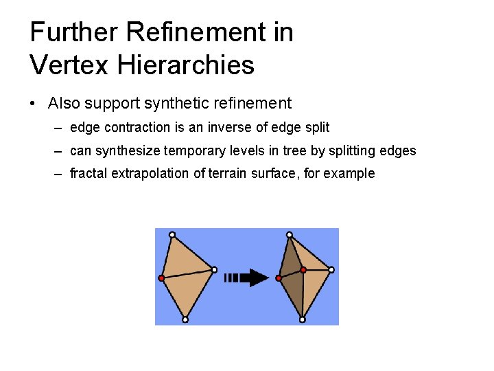 Further Refinement in Vertex Hierarchies • Also support synthetic refinement – edge contraction is