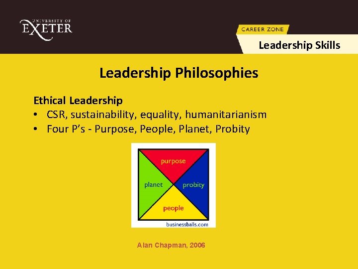 Leadership Skills Leadership Philosophies Ethical Leadership • CSR, sustainability, equality, humanitarianism • Four P’s