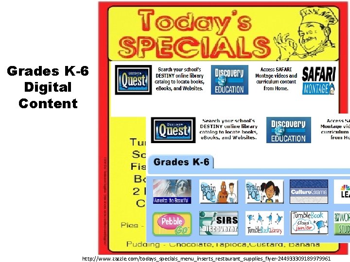 Grades K-6 Digital Content http: //www. zazzle. com/todays_specials_menu_inserts_restaurant_supplies_flyer-244933309189979961 