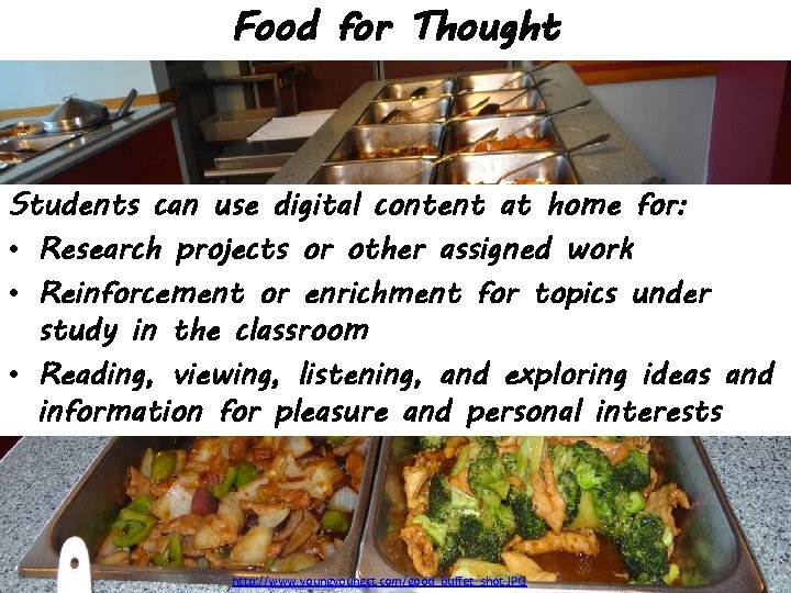 Food for Thought Students can use digital content at home for: • Research projects