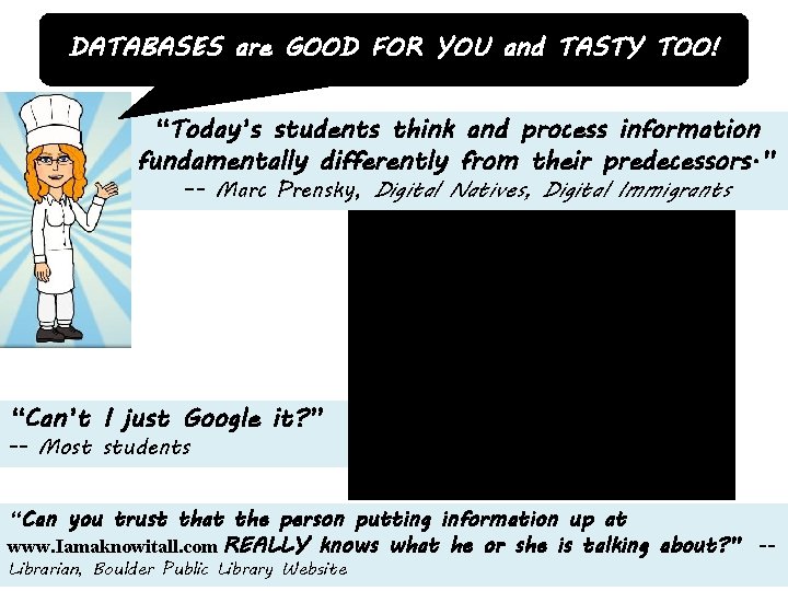 DATABASES are GOOD FOR YOU and TASTY TOO! “Today’s students think and process information
