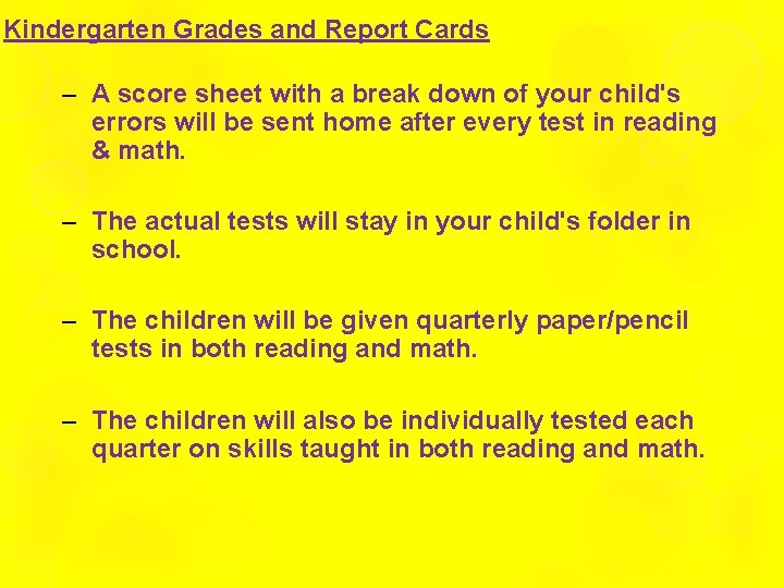 Kindergarten Grades and Report Cards – A score sheet with a break down of