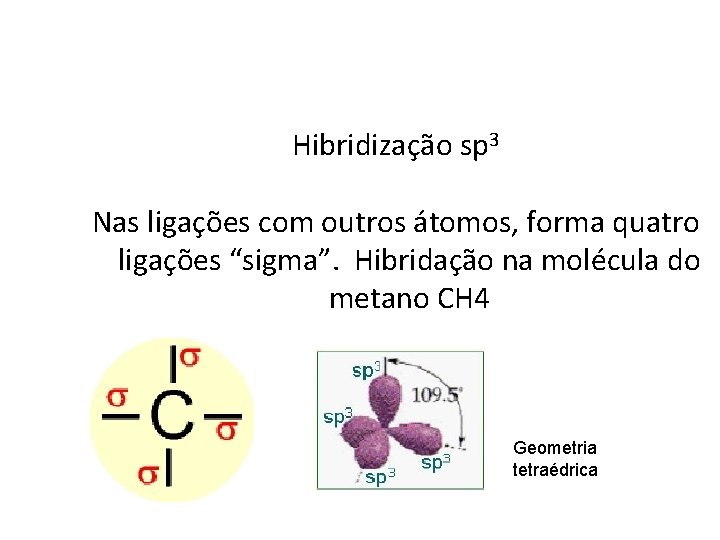 Hibridização sp 3 Nas ligações com outros átomos, forma quatro ligações “sigma”. Hibridação na