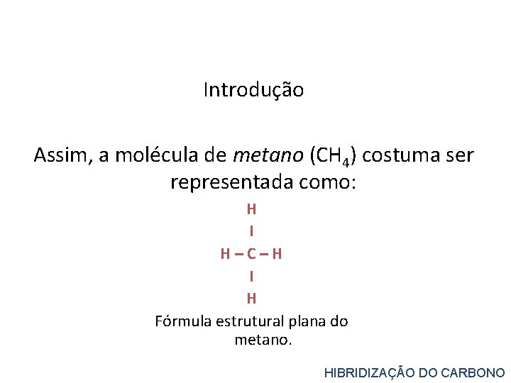 Introdução Assim, a molécula de metano (CH 4) costuma ser representada como: H I