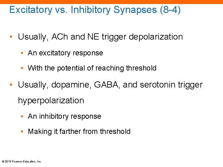 Excitatory vs. Inhibitory Synapses (8 -4) • Usually, ACh and NE trigger depolarization •