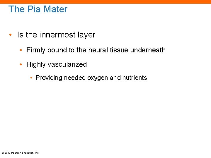 The Pia Mater • Is the innermost layer • Firmly bound to the neural