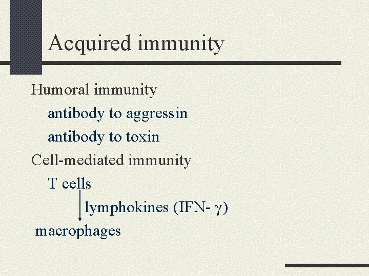 Acquired immunity Humoral immunity antibody to aggressin antibody to toxin Cell-mediated immunity T cells Acquired immunity Humoral immunity antibody to aggressin antibody to toxin Cell-mediated immunity T cells