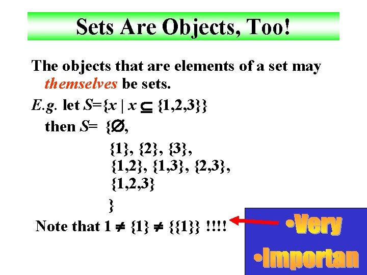 Sets Are Objects, Too! The objects that are elements of a set may themselves