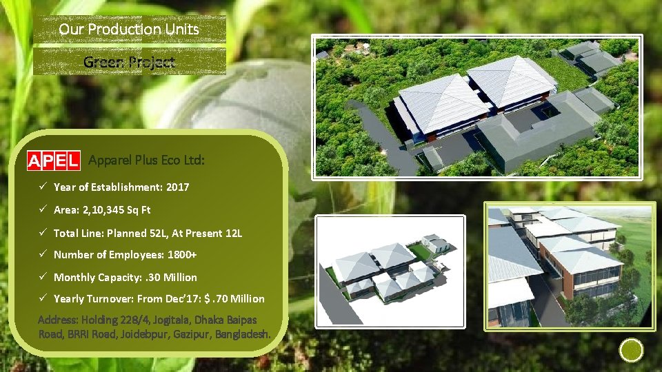 Our Production Units Apparel Plus Eco Ltd: ü Year of Establishment: 2017 ü Area: