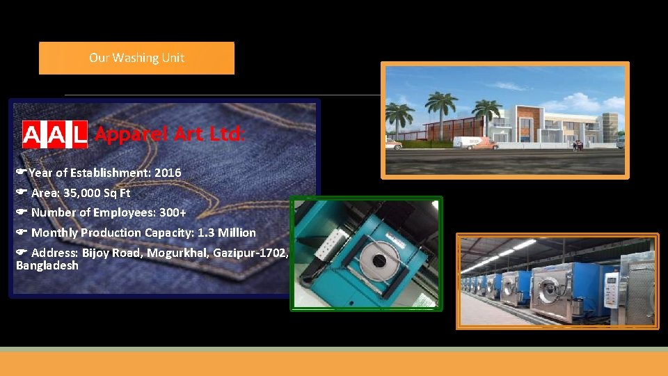 Our Washing Unit Apparel Art Ltd: Year of Establishment: 2016 Area: 35, 000 Sq